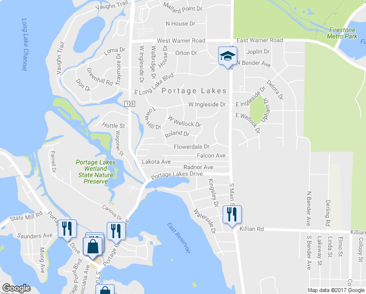 map of restaurants, bars, coffee shops, grocery stores, and more near 116 Flowerdale Drive in Akron