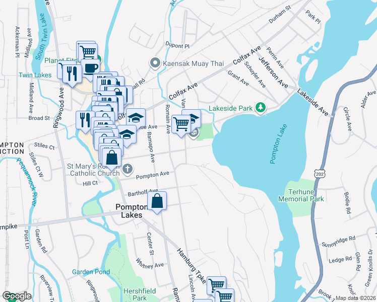 map of restaurants, bars, coffee shops, grocery stores, and more near 301 Van Avenue in Pompton Lakes