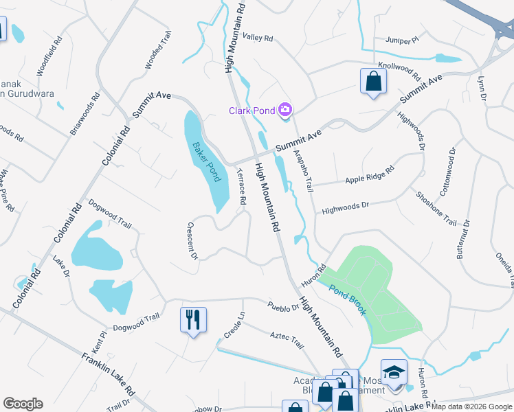 map of restaurants, bars, coffee shops, grocery stores, and more near 265 Terrace Road in Franklin Lakes