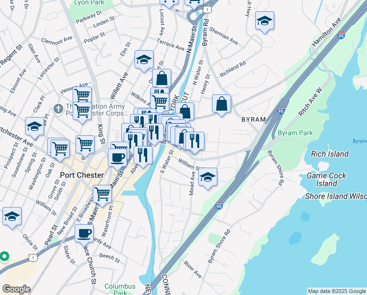 map of restaurants, bars, coffee shops, grocery stores, and more near 6 North Water Street in Greenwich