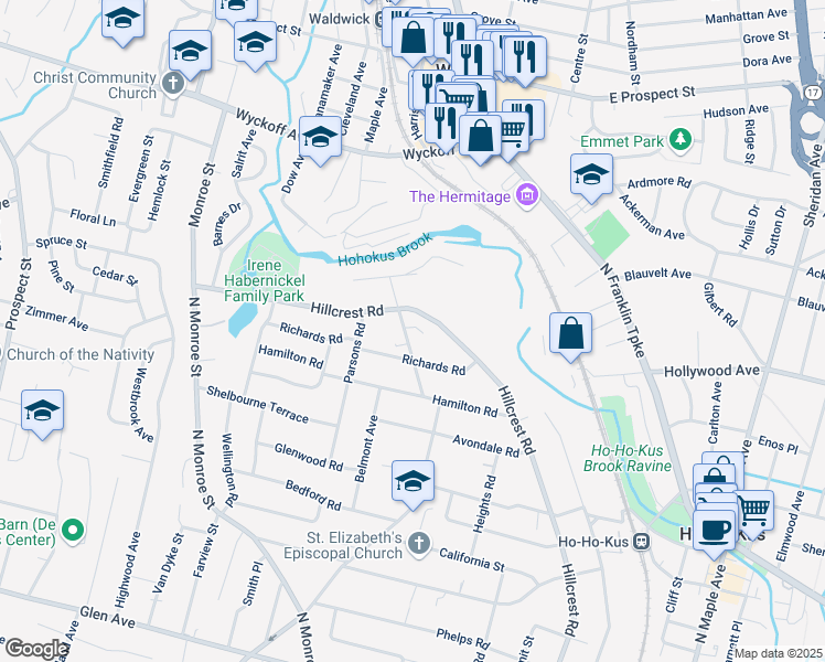 map of restaurants, bars, coffee shops, grocery stores, and more near 857 Morningside Road in Ridgewood