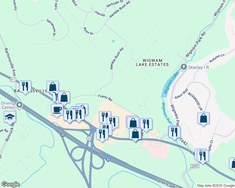 map of restaurants, bars, coffee shops, grocery stores, and more near 215 Frantz Road in Stroudsburg