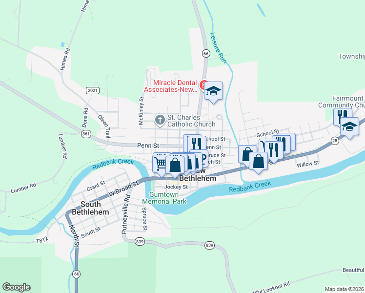 map of restaurants, bars, coffee shops, grocery stores, and more near Pennsylvania 861 in New Bethlehem