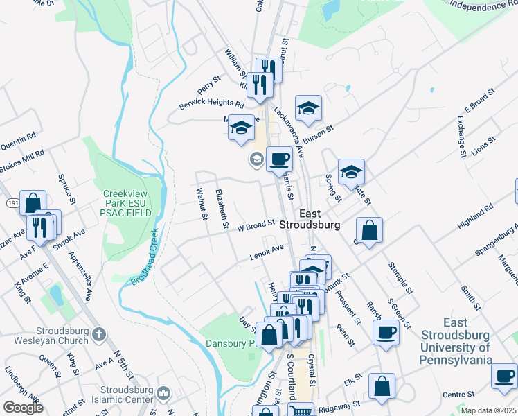 map of restaurants, bars, coffee shops, grocery stores, and more near 181 Grove Street in East Stroudsburg