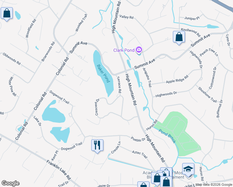 map of restaurants, bars, coffee shops, grocery stores, and more near 260 Terrace Road in Franklin Lakes