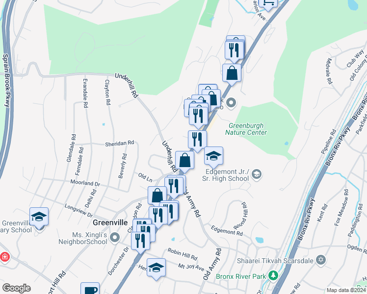 map of restaurants, bars, coffee shops, grocery stores, and more near 555 Central Park Avenue in Scarsdale