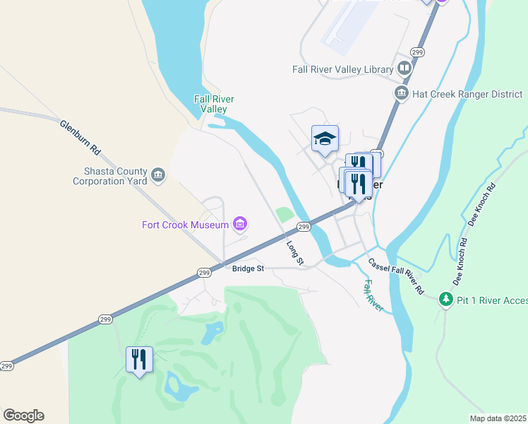 map of restaurants, bars, coffee shops, grocery stores, and more near 24894 Long St in Fall River Mills