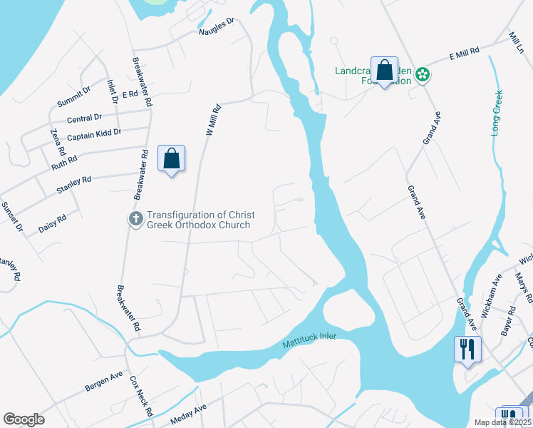 map of restaurants, bars, coffee shops, grocery stores, and more near 455 North Drive in Mattituck