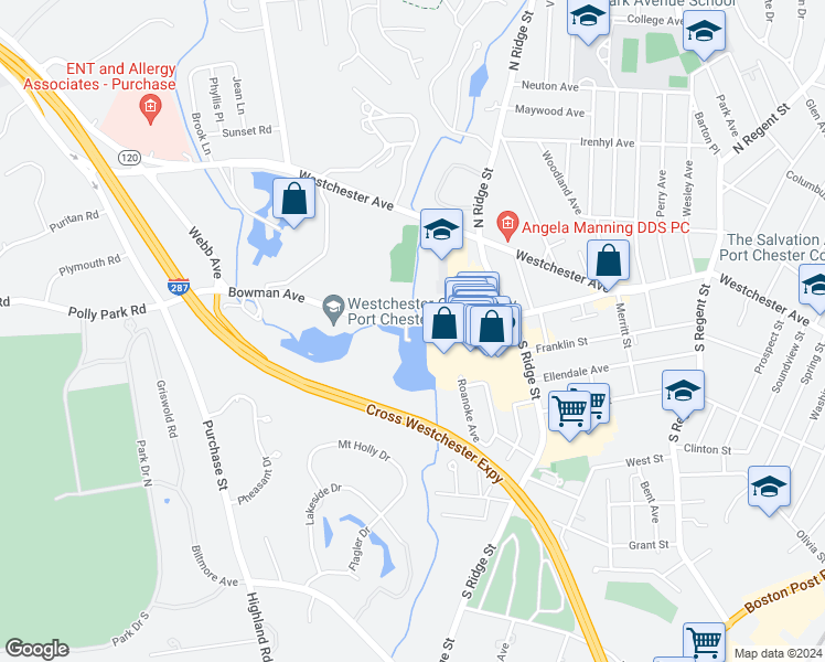 map of restaurants, bars, coffee shops, grocery stores, and more near 242 Bowman Avenue in Rye Brook