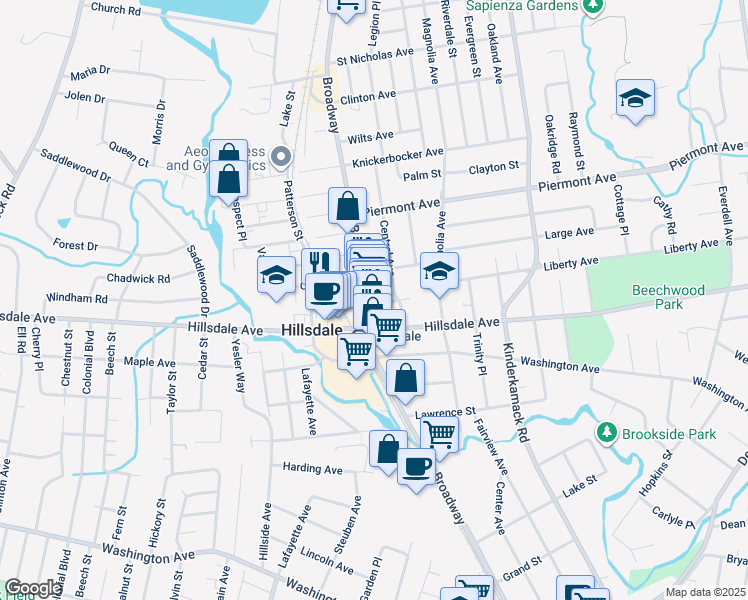 map of restaurants, bars, coffee shops, grocery stores, and more near 35 Central Avenue in Hillsdale