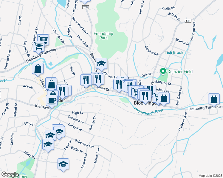 map of restaurants, bars, coffee shops, grocery stores, and more near 116 Main Street in Bloomingdale