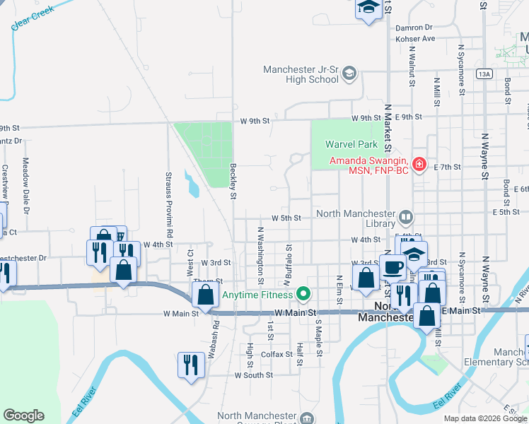 map of restaurants, bars, coffee shops, grocery stores, and more near 501 North Washington Street in North Manchester