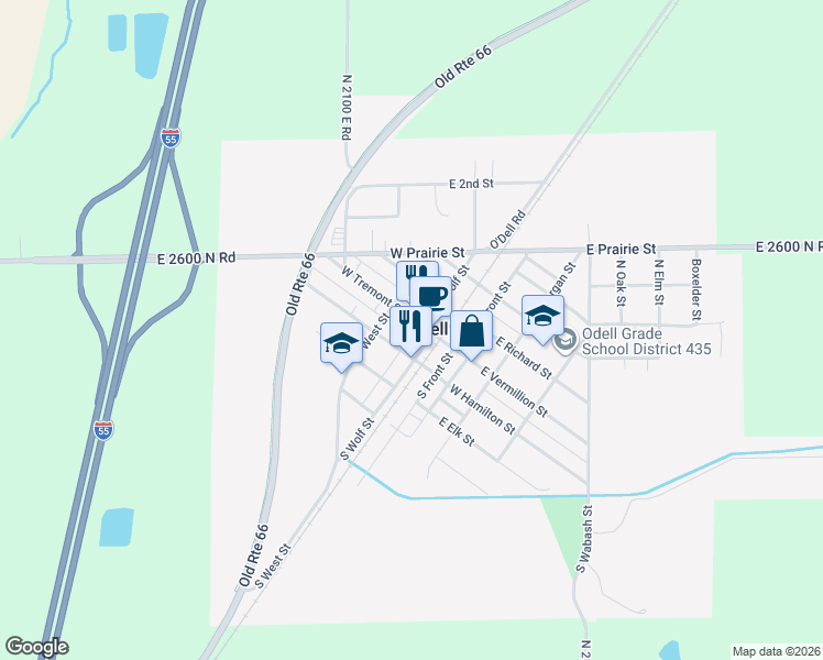 map of restaurants, bars, coffee shops, grocery stores, and more near in Odell