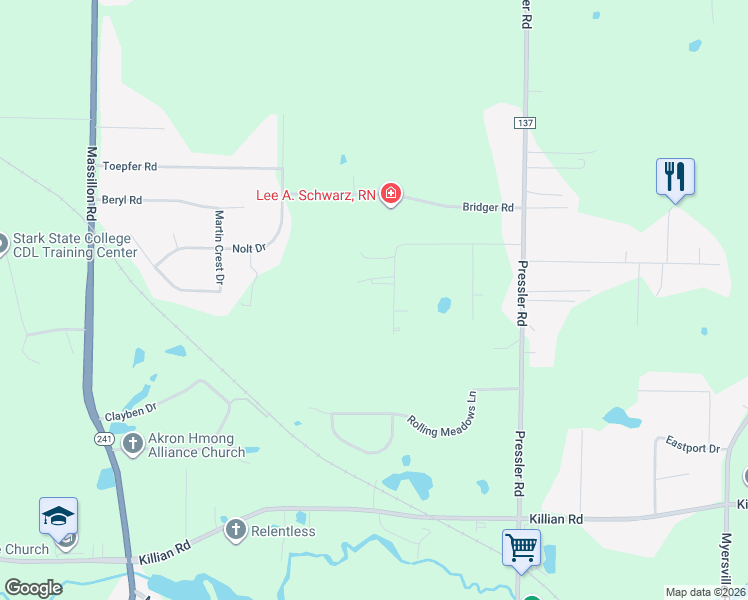 map of restaurants, bars, coffee shops, grocery stores, and more near 1834 Orchard Lane in Akron