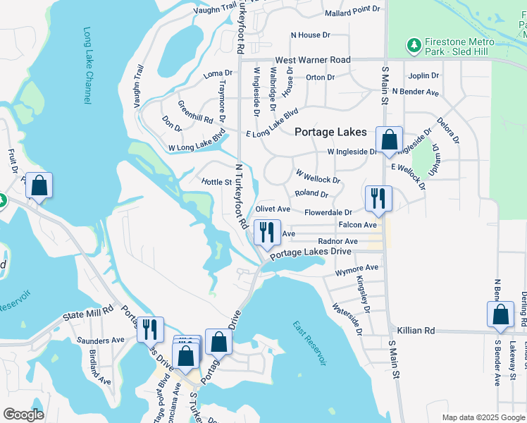 map of restaurants, bars, coffee shops, grocery stores, and more near 206 Olivet Avenue in Akron