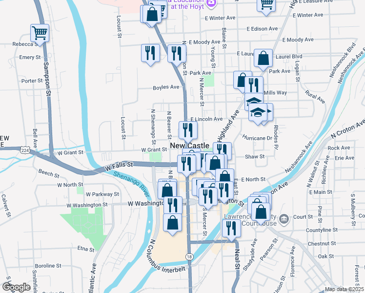 map of restaurants, bars, coffee shops, grocery stores, and more near in New Castle