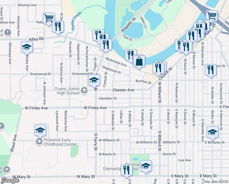 map of restaurants, bars, coffee shops, grocery stores, and more near 601 Chester Avenue in Ottumwa