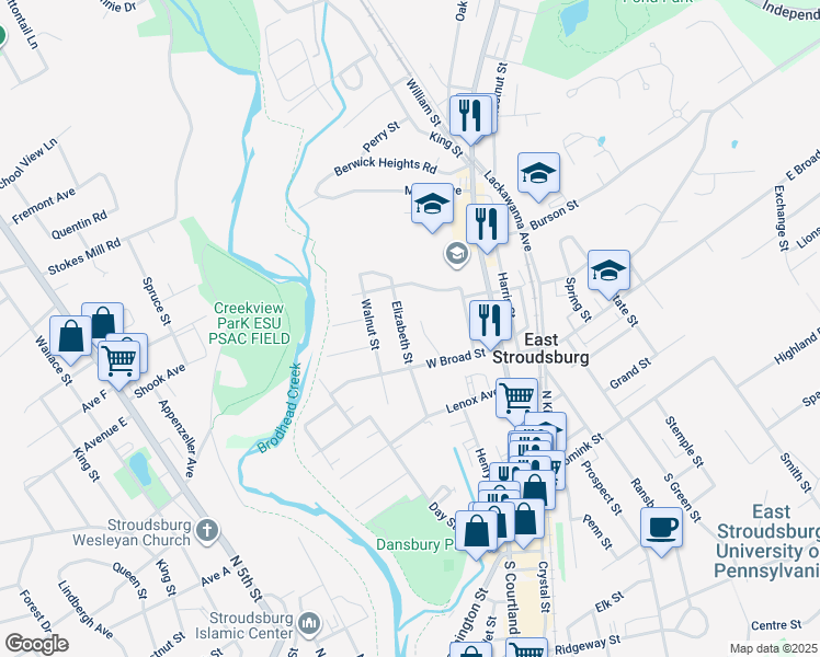 map of restaurants, bars, coffee shops, grocery stores, and more near 174 Elizabeth Street in East Stroudsburg