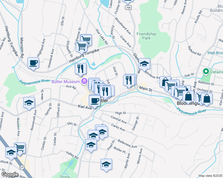 map of restaurants, bars, coffee shops, grocery stores, and more near 27 3rd Street in Butler
