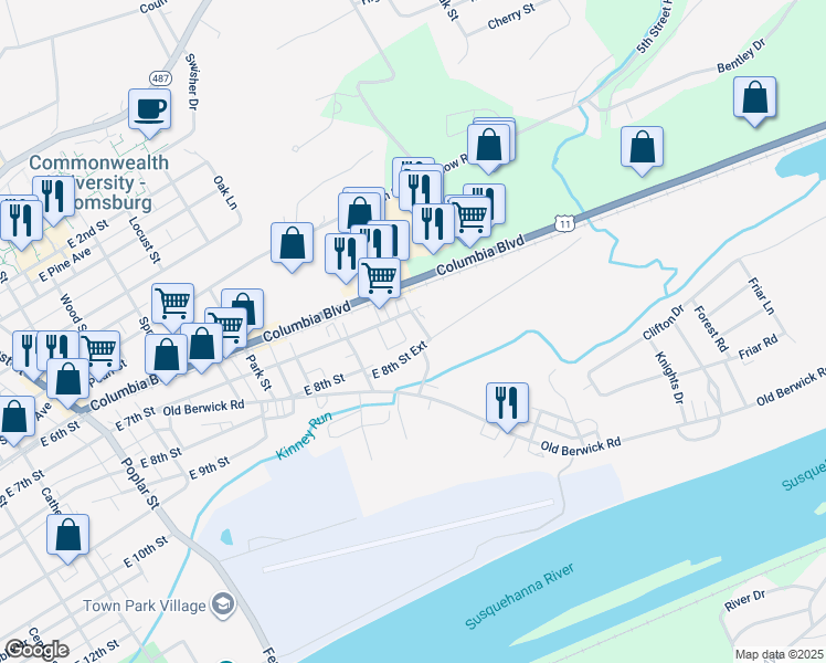 map of restaurants, bars, coffee shops, grocery stores, and more near 1045 East 8th Street Extension in Bloomsburg