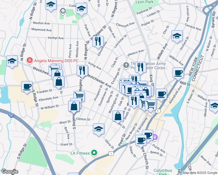 map of restaurants, bars, coffee shops, grocery stores, and more near 324 Westchester Avenue in Port Chester