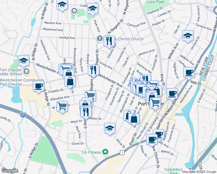 map of restaurants, bars, coffee shops, grocery stores, and more near 370-388 Westchester Avenue in Port Chester