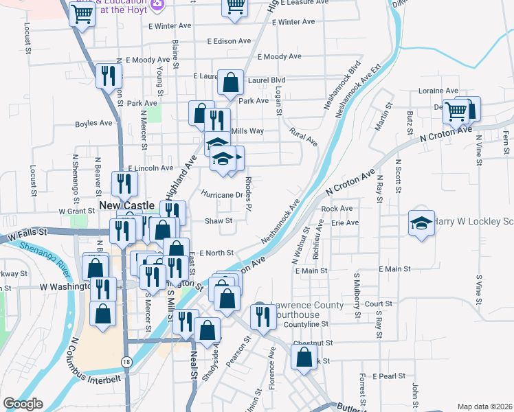 map of restaurants, bars, coffee shops, grocery stores, and more near 316 Rhodes Place in New Castle