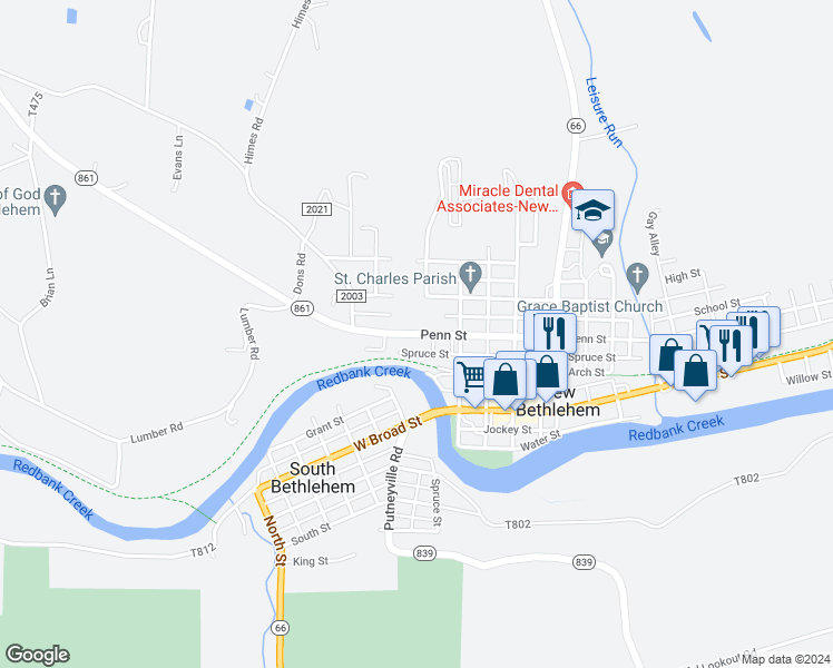 map of restaurants, bars, coffee shops, grocery stores, and more near Pennsylvania 861 in New Bethlehem