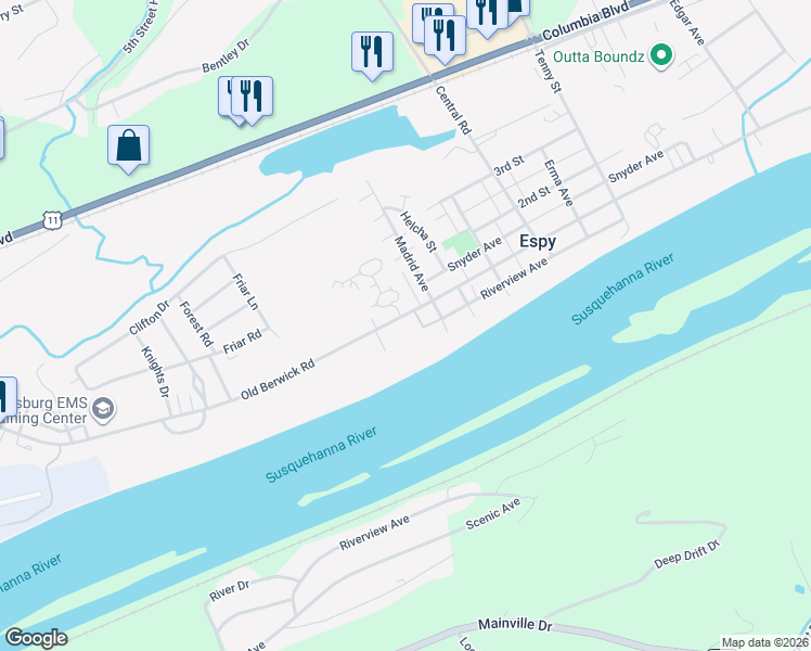 map of restaurants, bars, coffee shops, grocery stores, and more near 2138 Old Berwick Rd in Bloomsburg