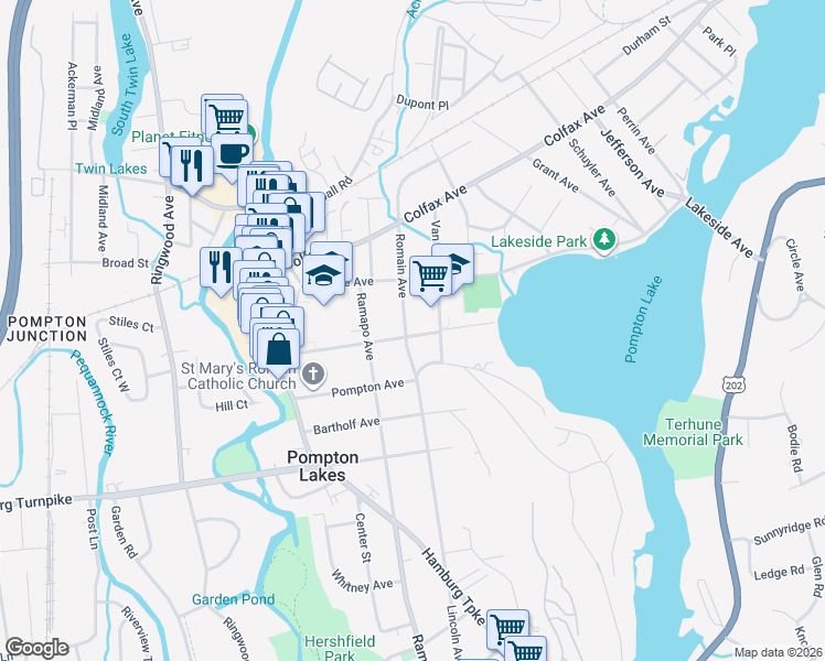 map of restaurants, bars, coffee shops, grocery stores, and more near 233 Romain Avenue in Pompton Lakes