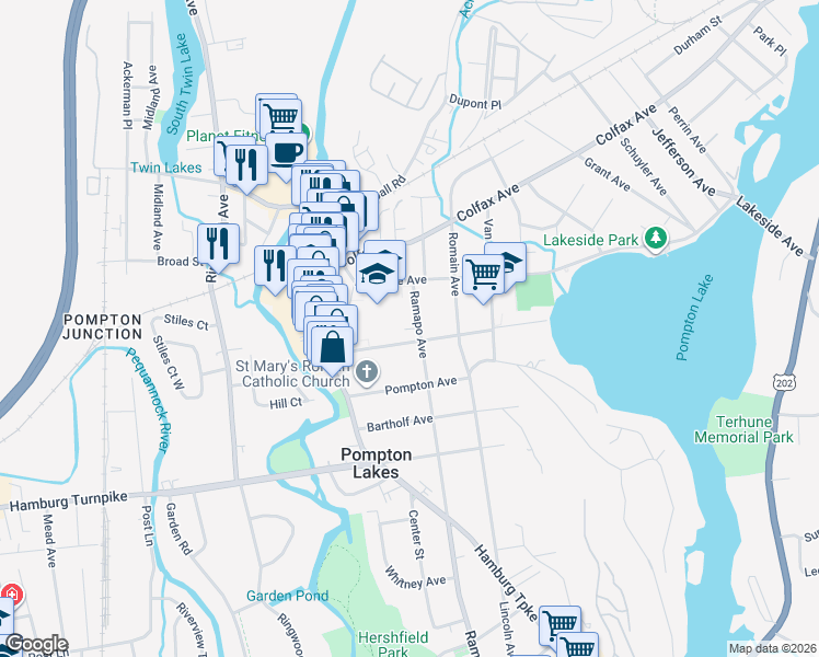 map of restaurants, bars, coffee shops, grocery stores, and more near 33 Ramapo Avenue in Pompton Lakes