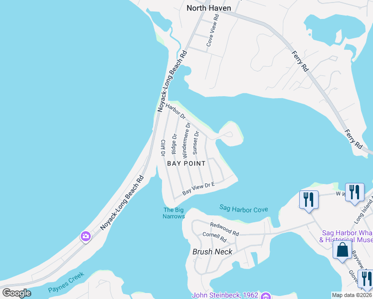 map of restaurants, bars, coffee shops, grocery stores, and more near 24 Windermere Drive in Sag Harbor