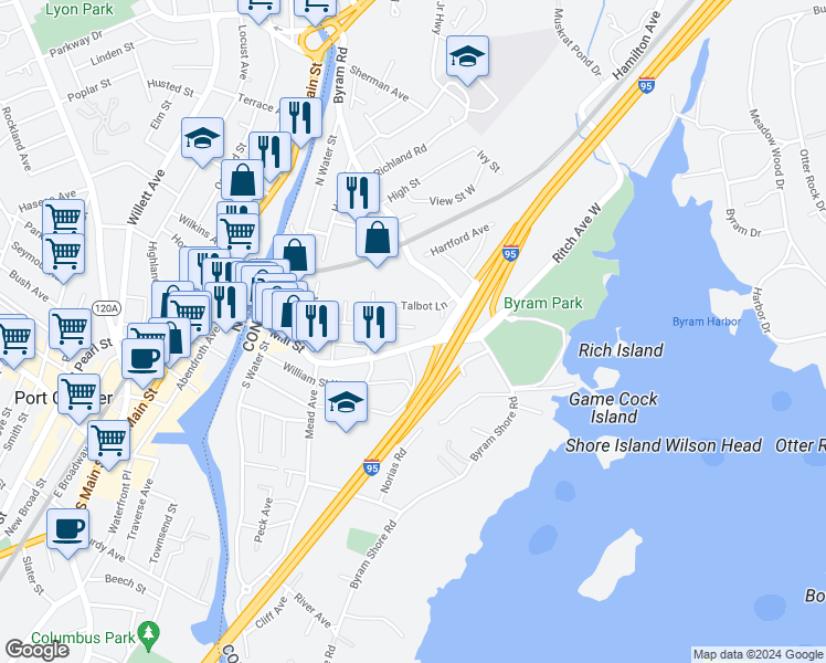 map of restaurants, bars, coffee shops, grocery stores, and more near 40 Talbot Lane in Greenwich