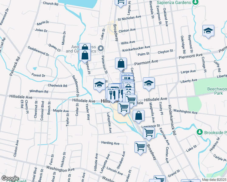 map of restaurants, bars, coffee shops, grocery stores, and more near 67 Patterson Street in Hillsdale