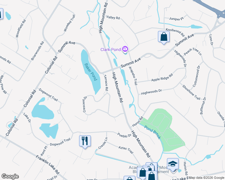 map of restaurants, bars, coffee shops, grocery stores, and more near 265 Terrace Road in Franklin Lakes