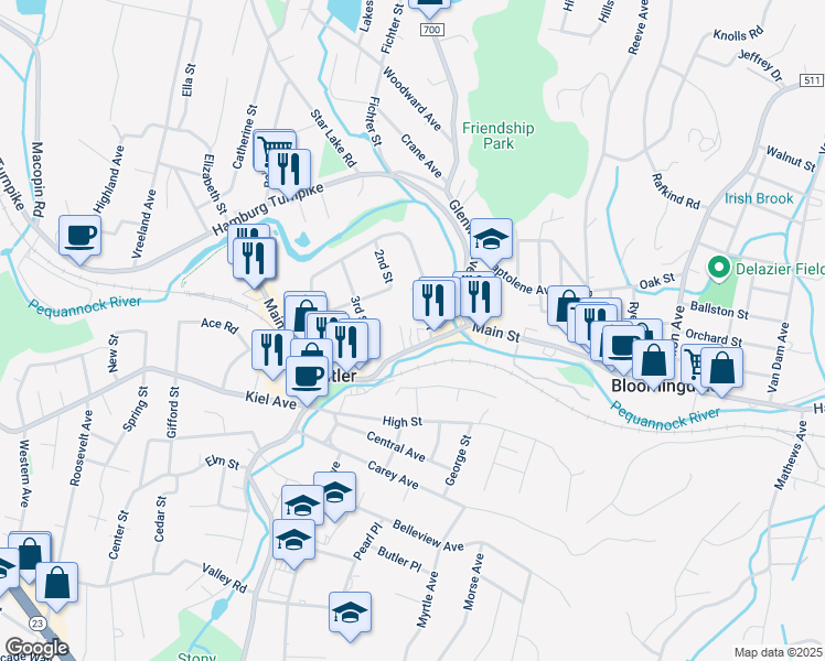 map of restaurants, bars, coffee shops, grocery stores, and more near 42 Main Street in Butler