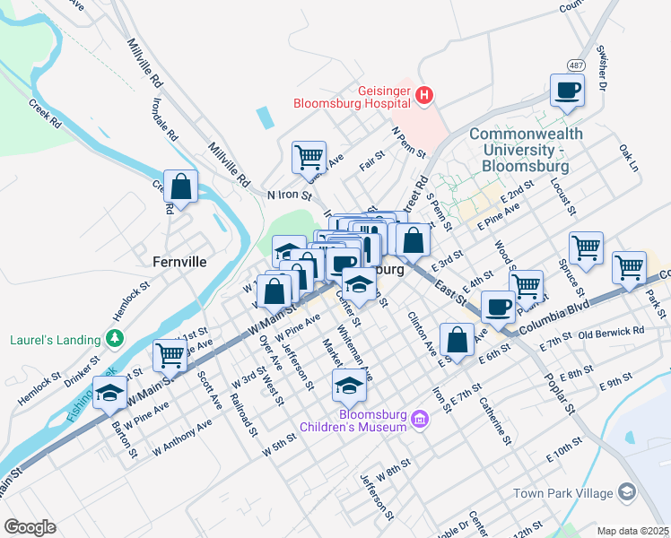 map of restaurants, bars, coffee shops, grocery stores, and more near 17 East Main Street in Bloomsburg