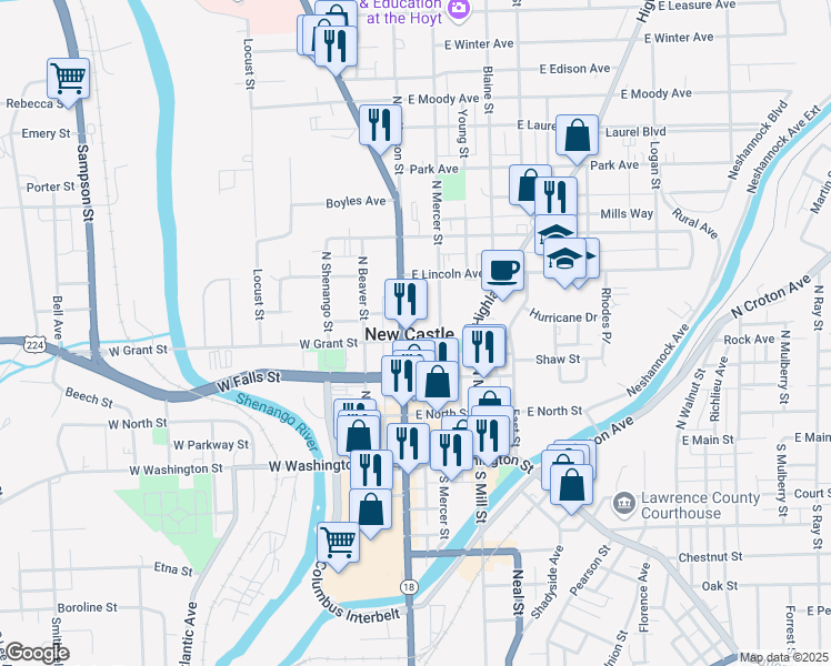 map of restaurants, bars, coffee shops, grocery stores, and more near in New Castle