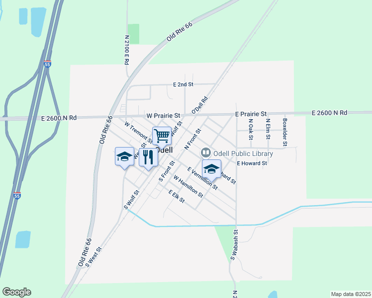 map of restaurants, bars, coffee shops, grocery stores, and more near 109 Front Street in Odell