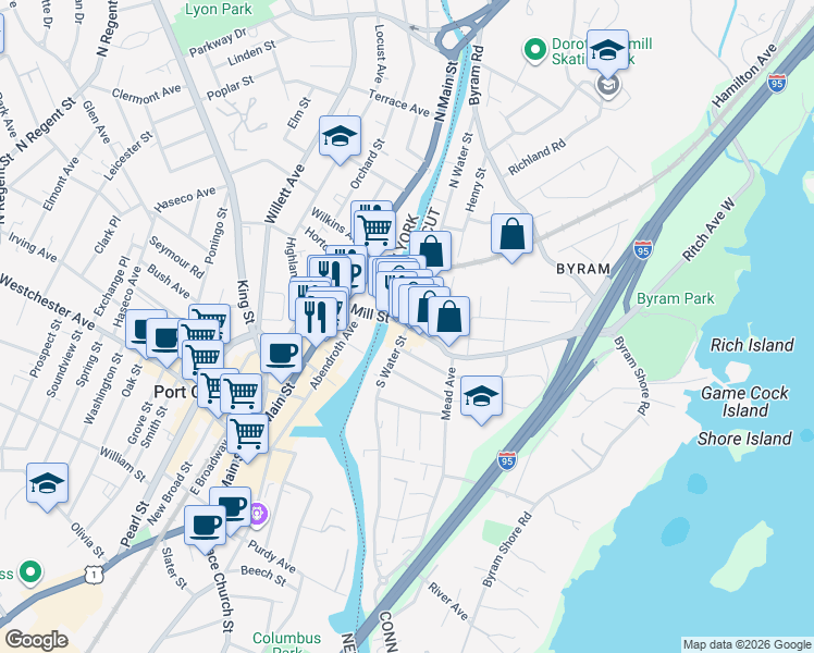 map of restaurants, bars, coffee shops, grocery stores, and more near 6 North Water Street in Greenwich
