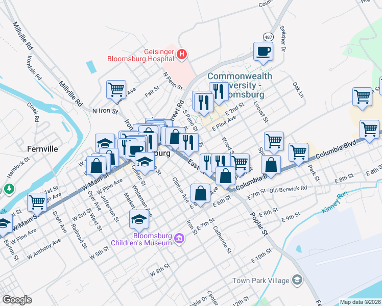 map of restaurants, bars, coffee shops, grocery stores, and more near 315 East 3rd Street in Bloomsburg
