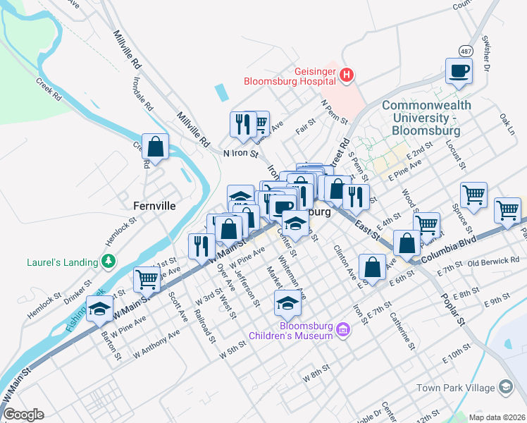 map of restaurants, bars, coffee shops, grocery stores, and more near 17 East Main Street in Bloomsburg