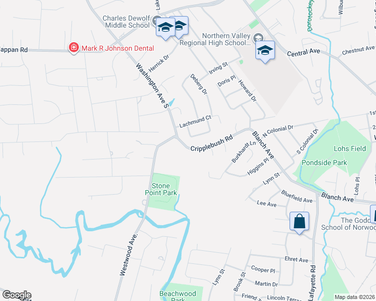 map of restaurants, bars, coffee shops, grocery stores, and more near 57 Cripplebush Road in Old Tappan