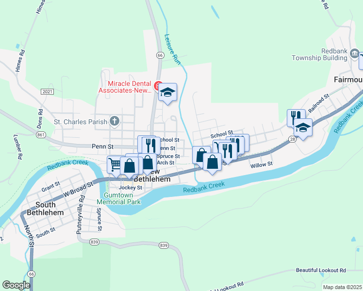 map of restaurants, bars, coffee shops, grocery stores, and more near 406 Vine Street in New Bethlehem