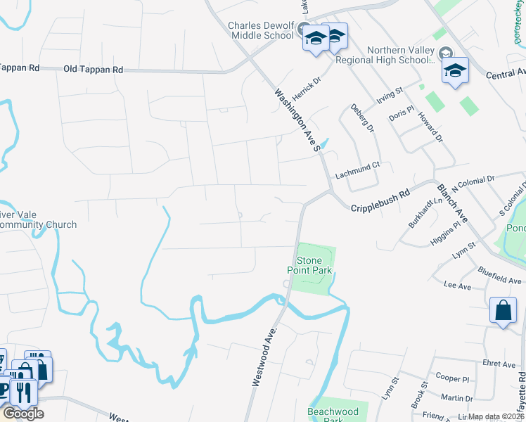 map of restaurants, bars, coffee shops, grocery stores, and more near 34 Seneca Court in Old Tappan