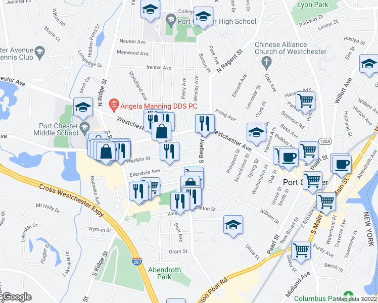 map of restaurants, bars, coffee shops, grocery stores, and more near 419 Franklin St in Port Chester
