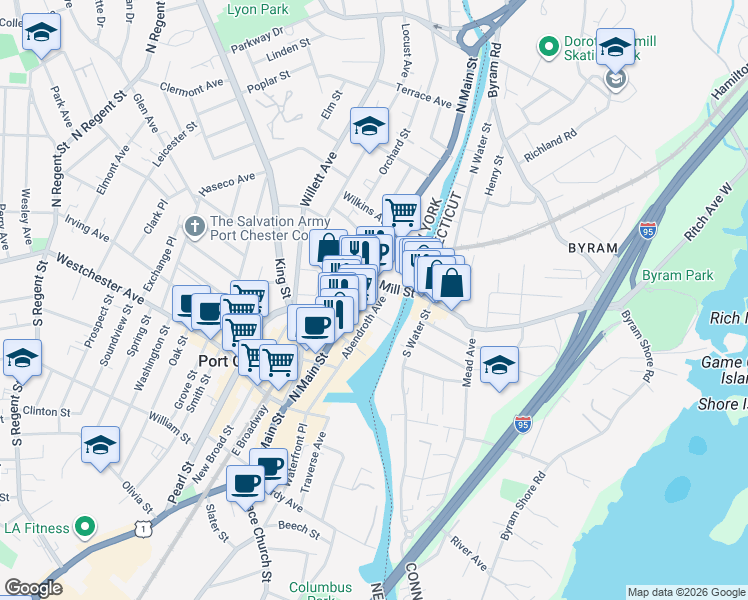 map of restaurants, bars, coffee shops, grocery stores, and more near 169 North Main Street in Port Chester