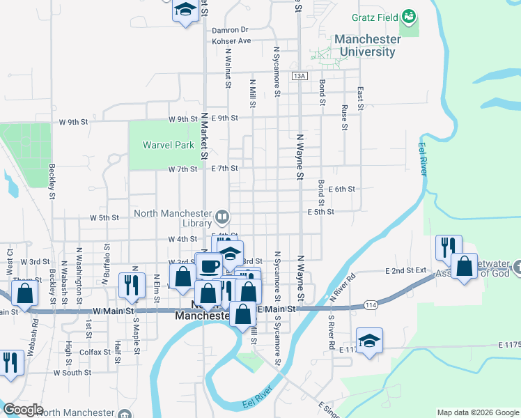 map of restaurants, bars, coffee shops, grocery stores, and more near 503 N Mill St in North Manchester