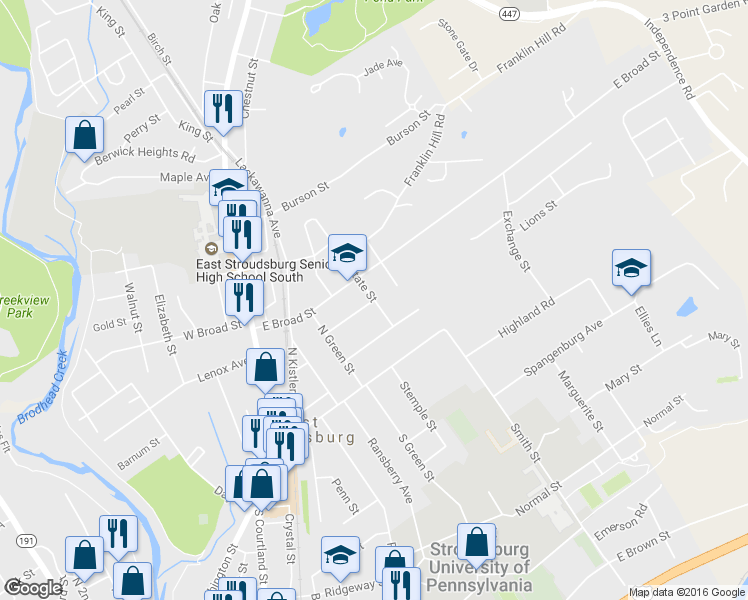 map of restaurants, bars, coffee shops, grocery stores, and more near 61 State Street in East Stroudsburg