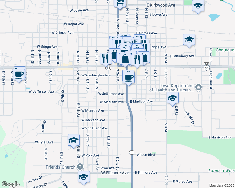 map of restaurants, bars, coffee shops, grocery stores, and more near 399 S 2nd St in Fairfield